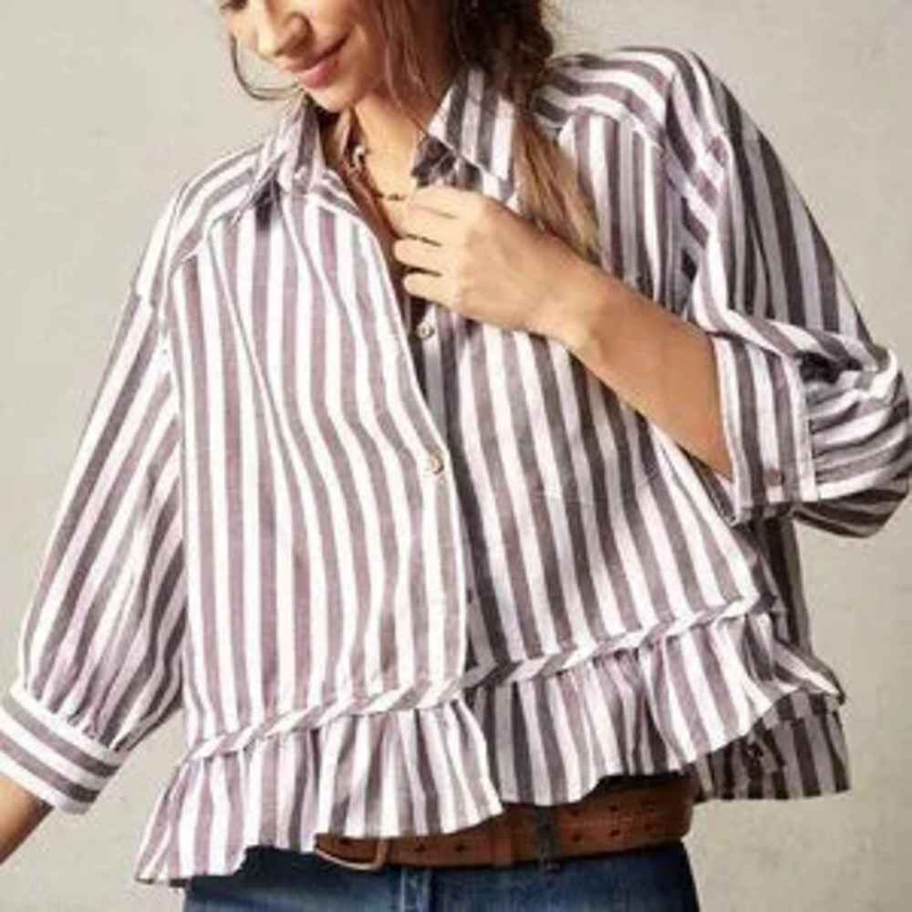 Brown Casual Women's Woven Striped Shirt Vacation natuical beachy travel europe